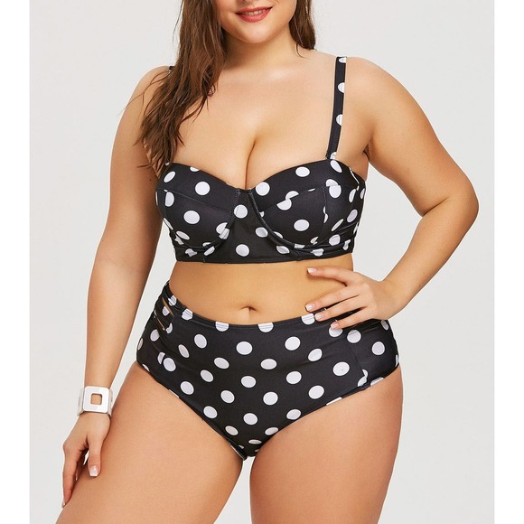 Retro Polka Dot High-rise Bikini Top Bottom Padded Swimsuit Plus Size Swimwear - Picture 2 of 7